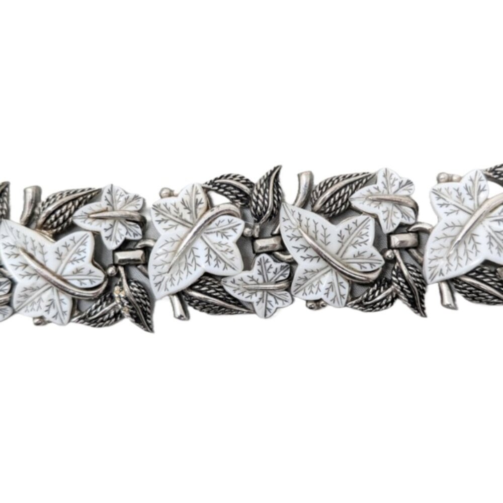 Vintage 1950s Signed Boucher Wide White Thermoset Leaves Runway Couture Bracelet